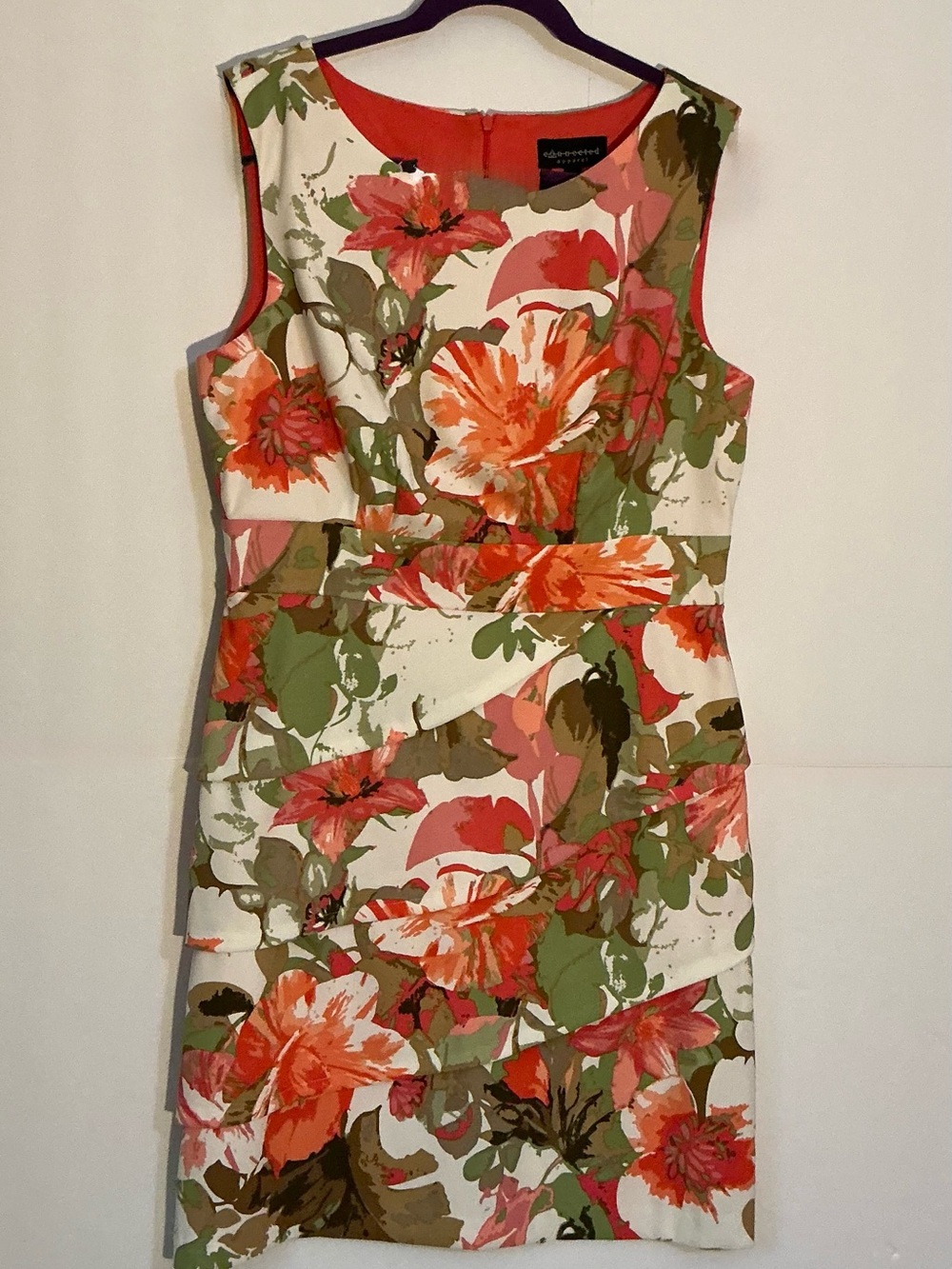 Connected Apparel Cream Floral Sheath Dress with Coral & Olive Accents Size 14